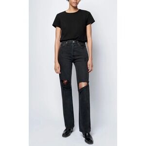 RE/DONE High Rise Distressed Black Denim 90's Loose Straight Leg Jeans Size 26‎